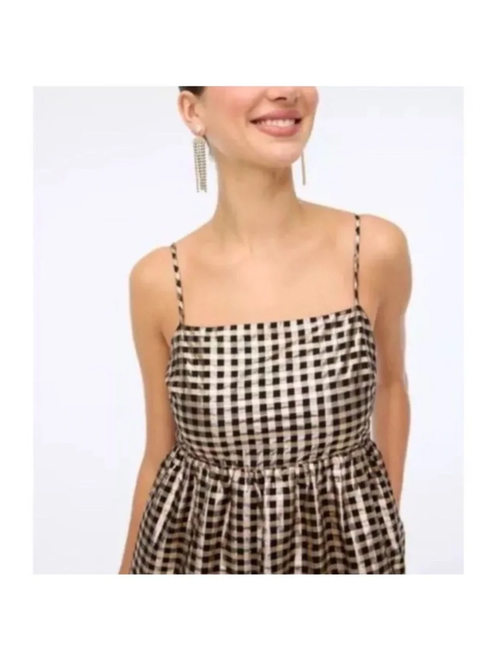 J. Crew Beige & Black Gingham Tiered Spaghetti-Strap Mini Dress